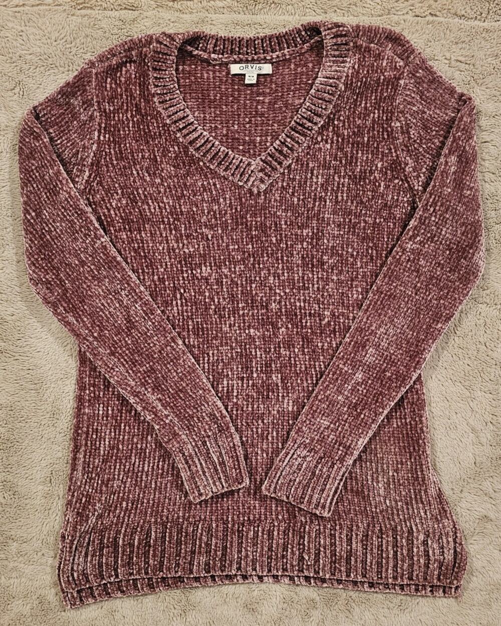 ORVIS Chenille Sweater Pink Misty Rose V Neck, Split Hem Soft Womens Sz M, New